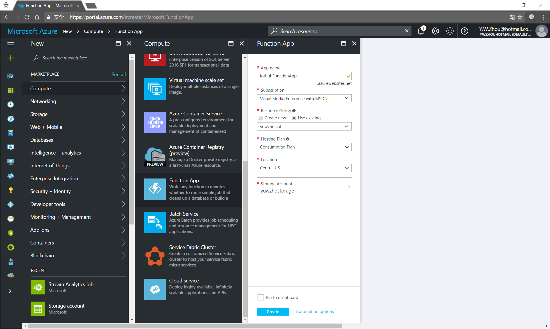 Create an Fuction App in the Azure portal